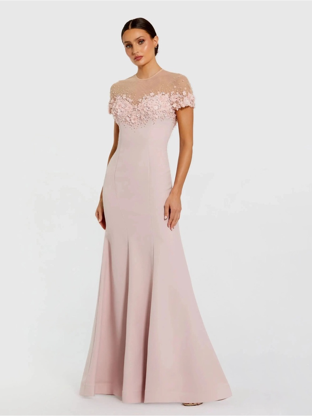 Mac Duggal 11867 Pink Crepe Mermaid Gown With Beaded Illusion Neck Size 14 Nwt